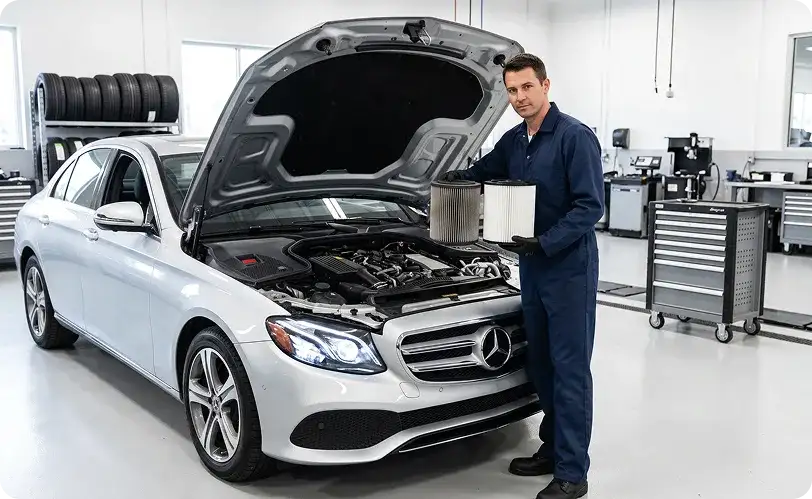 Technician holding a clean new engine air filter next to a dirty used one in front of a silver Mercedes-Benz E-Class