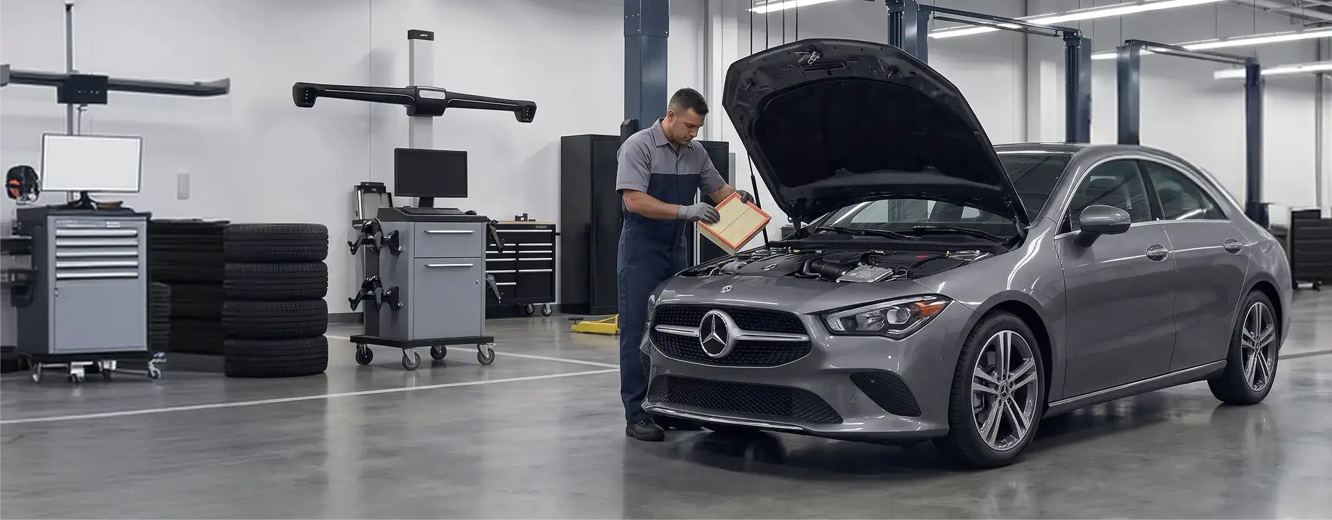 Technician holding a new engine air filter beside a grey Mercedes-Benz CLA with its hood raised in the Helms Bros service shop