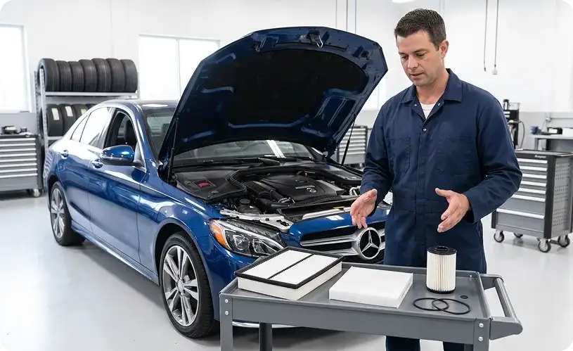 Technician presenting a new engine air filter, cabin filter, and oil filter cartridge on a service cart beside a blue Mercedes-Benz C-Class