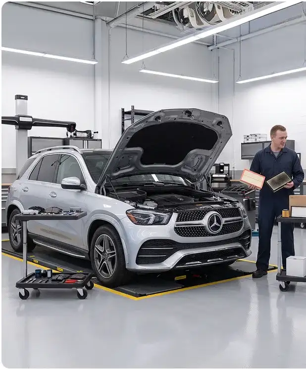 Technician showing a new engine air filter to a customer beside a silver Mercedes-Benz GLE on a service rack