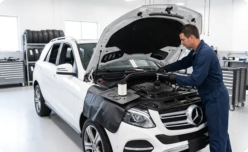 Technician replacing the oil filter cartridge in the engine bay of a white Mercedes-Benz GLE SUV