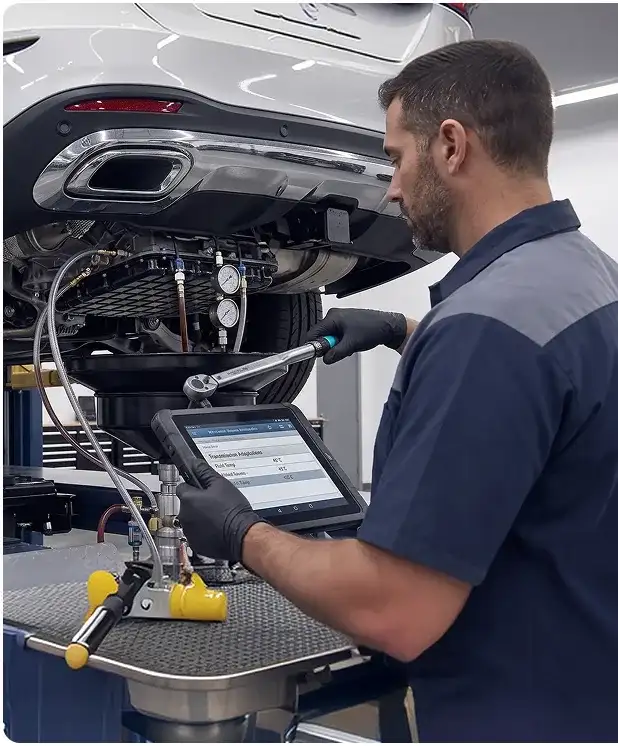 Technician guiding a transmission jack under a white Mercedes-Benz SUV on a lift while checking a diagnostic tablet