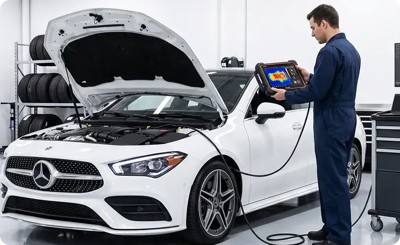 Technician running a transmission diagnostic scan on a white Mercedes-Benz CLA with the hood open beside a shop monitor