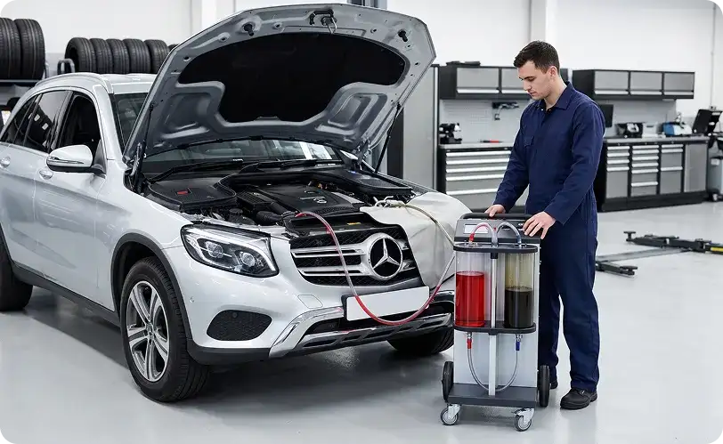 Technician operating a transmission fluid exchange machine connected to a white Mercedes-Benz GLC with the hood open