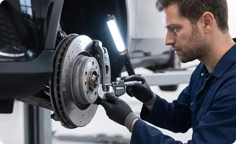 A technician measuring the thickness of a drilled Mercedes-Benz brake disc with a digital micrometer, the wheel off and the car on a lift