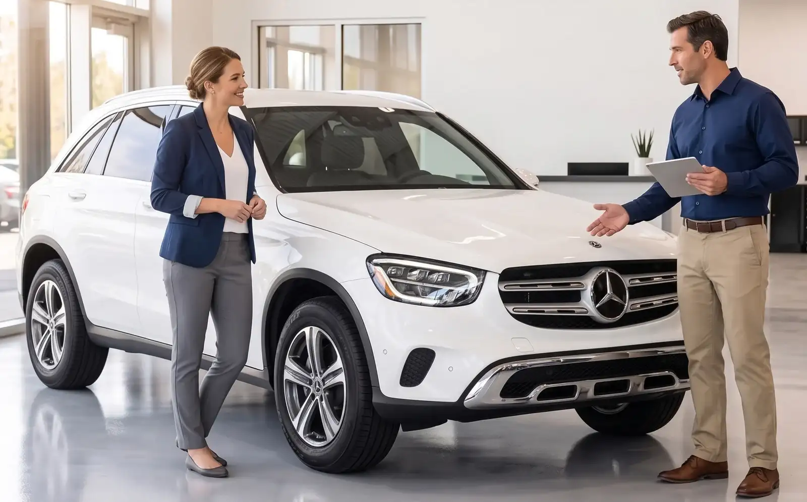 A service advisor holding a tablet talking to a customer beside a white Mercedes-Benz GLC inside the dealership