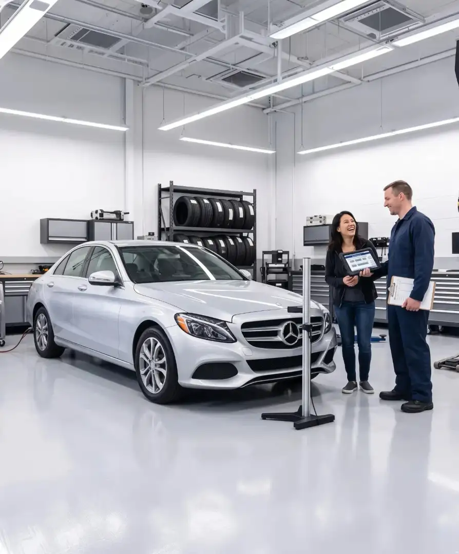 A service technician and a customer beside a silver Mercedes-Benz sedan in the workshop.
