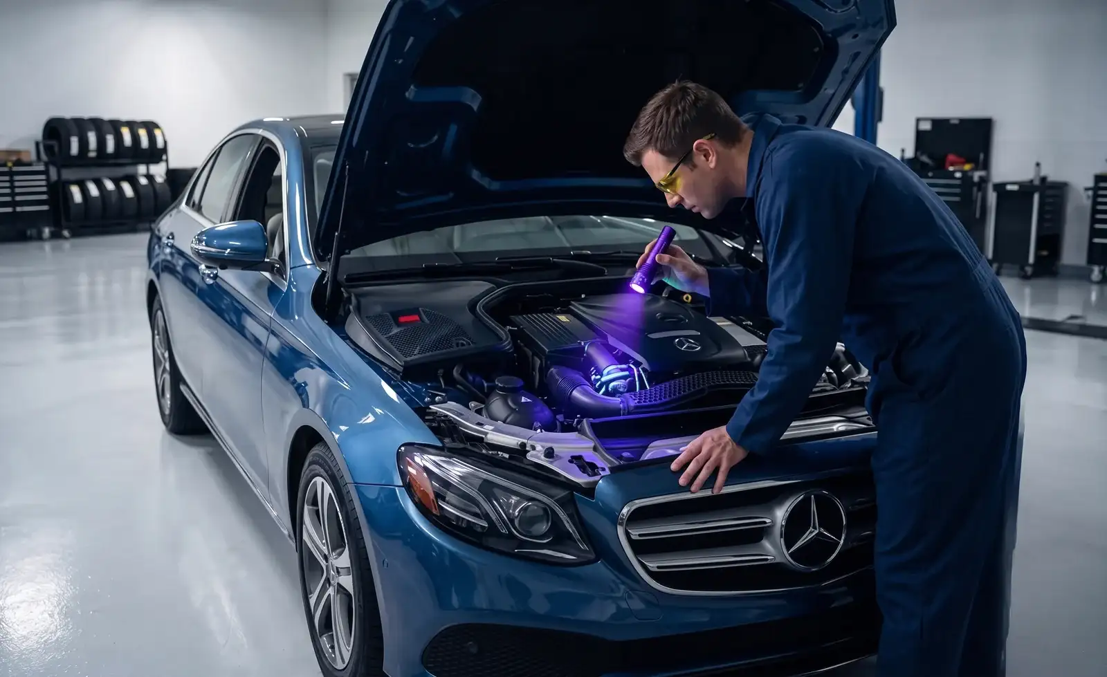 A technician in blue overalls leaning under the open bonnet of a blue Mercedes-Benz sedan, checking the engine bay with a UV inspection lamp