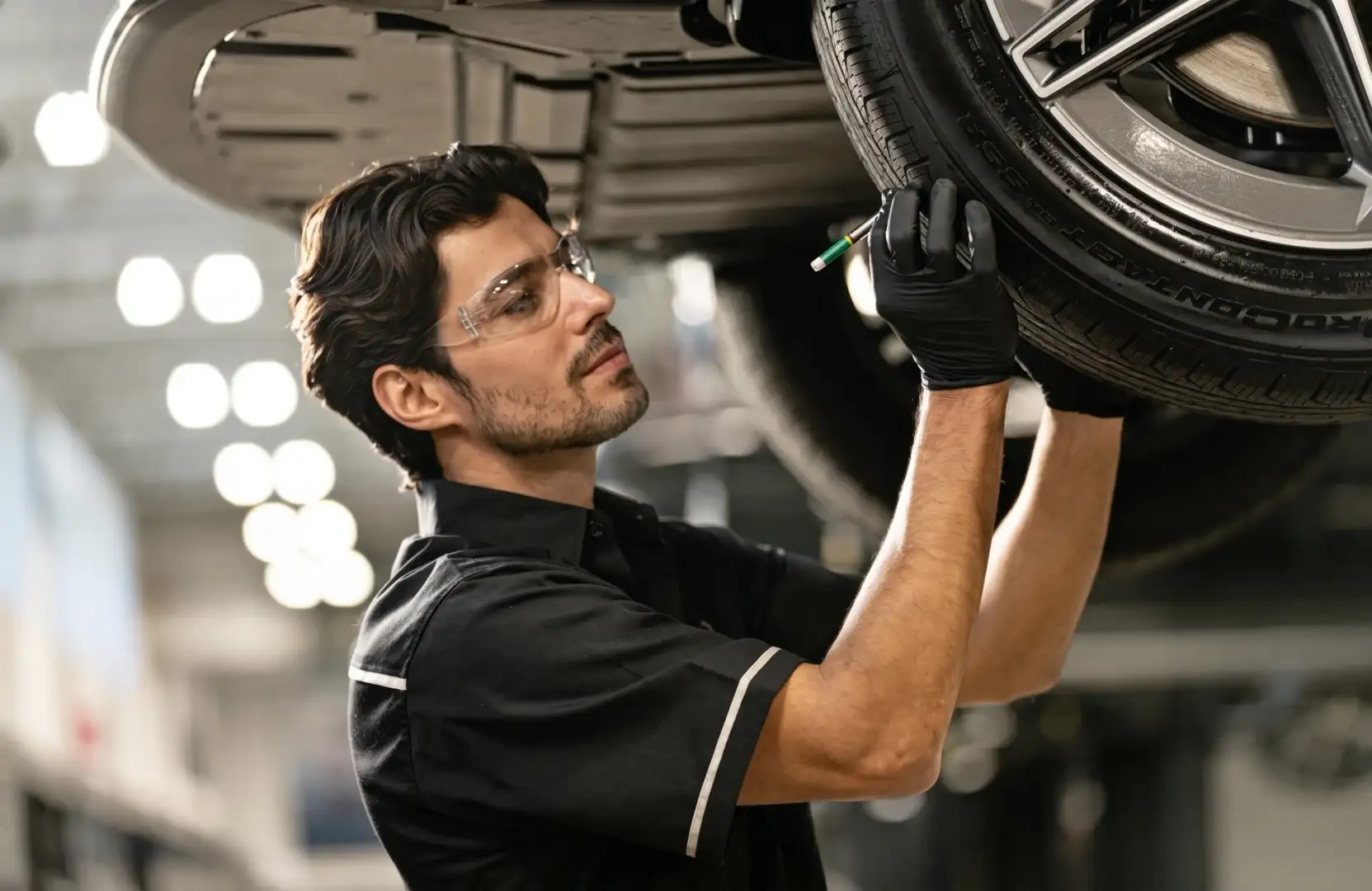 A Mercedes-Benz technician inspecting a wheel and tire on the lift