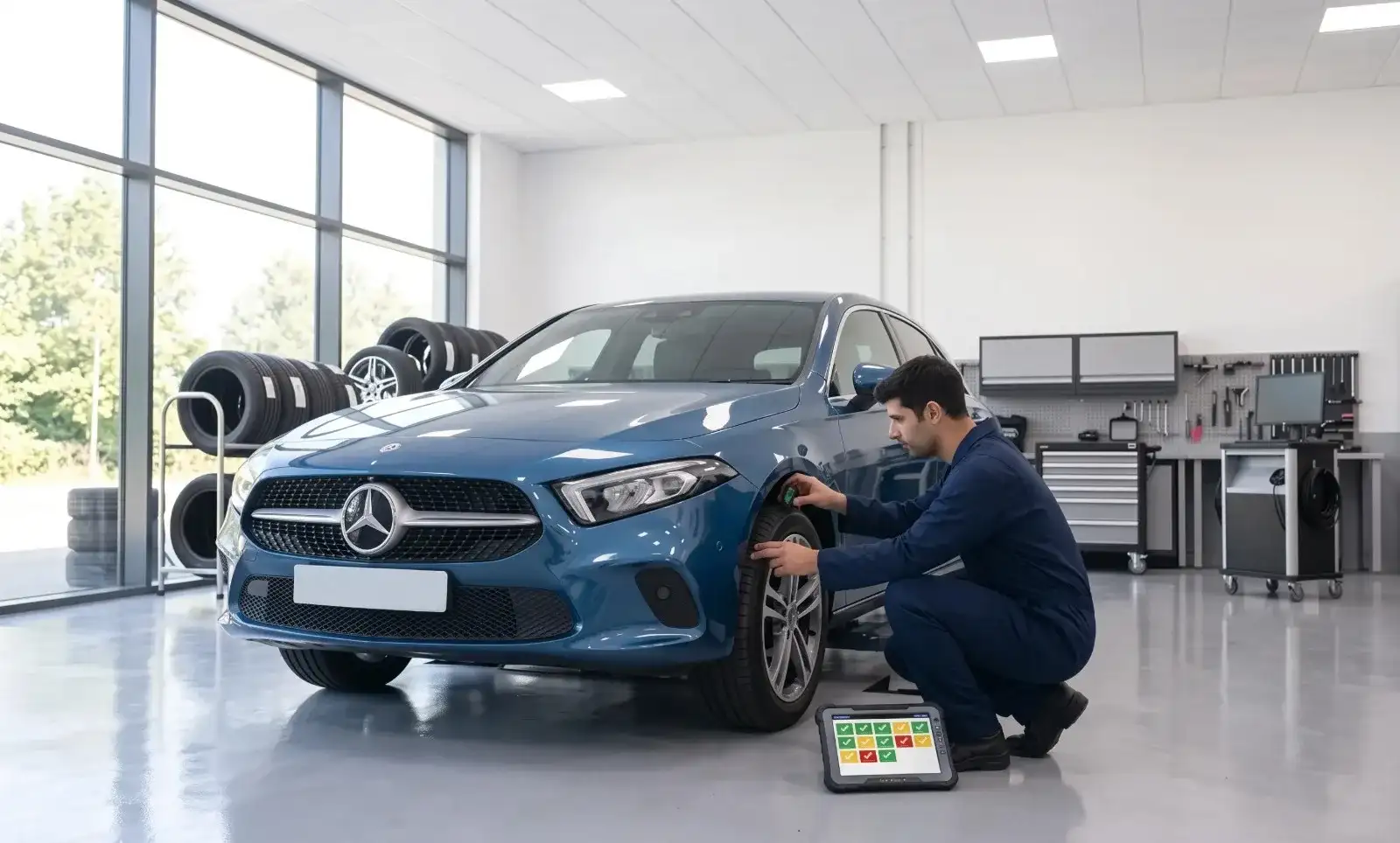 A technician in blue overalls crouching at the front wheel of a blue Mercedes-Benz in a bright workshop, a tablet showing a colour-coded inspection checklist on the floor beside him