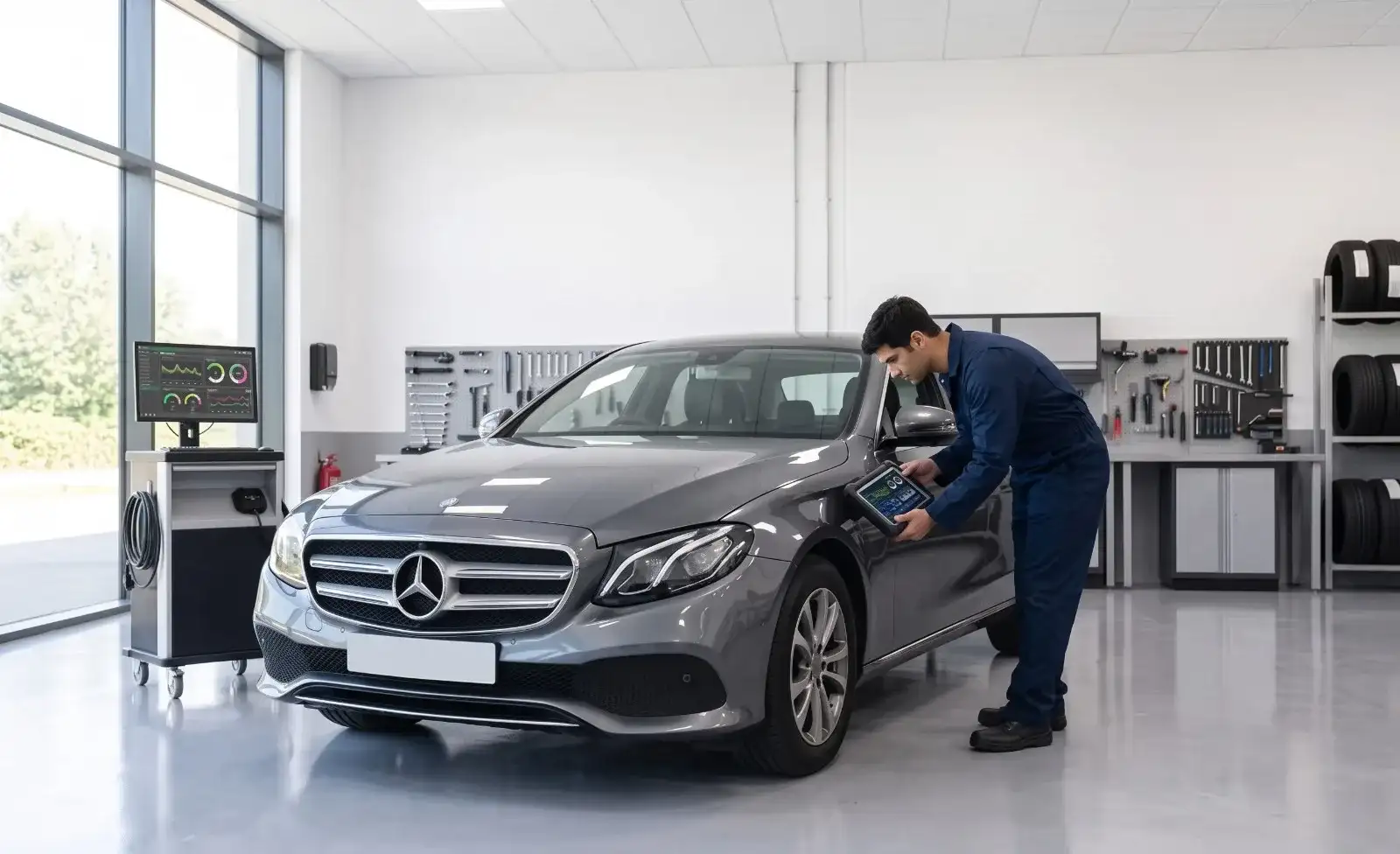A technician in blue overalls holding a diagnostic tablet at the door of a grey Mercedes-Benz sedan in a bright workshop, a diagnostic screen on a trolley behind