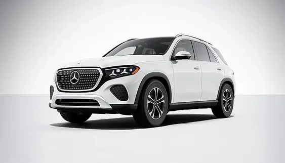 White Mercedes-Benz GLE SUV shown from a front three-quarter angle in a studio
