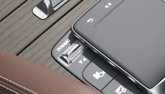 DYNAMIC SELECT switch and console controls on the wood-trimmed center console