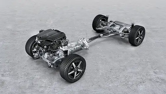 GLE engine, suspension and wheels displayed as a bare chassis in a white studio