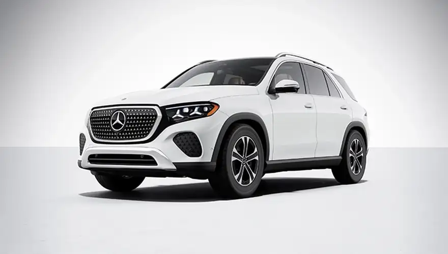White Mercedes-Benz GLE SUV shown from a front three-quarter angle on white