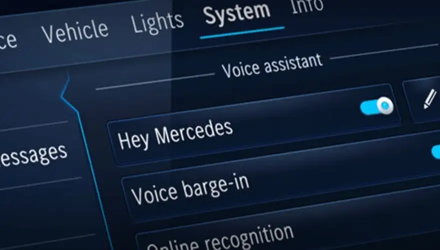 MBUX voice assistant settings with the Hey Mercedes toggle switched on