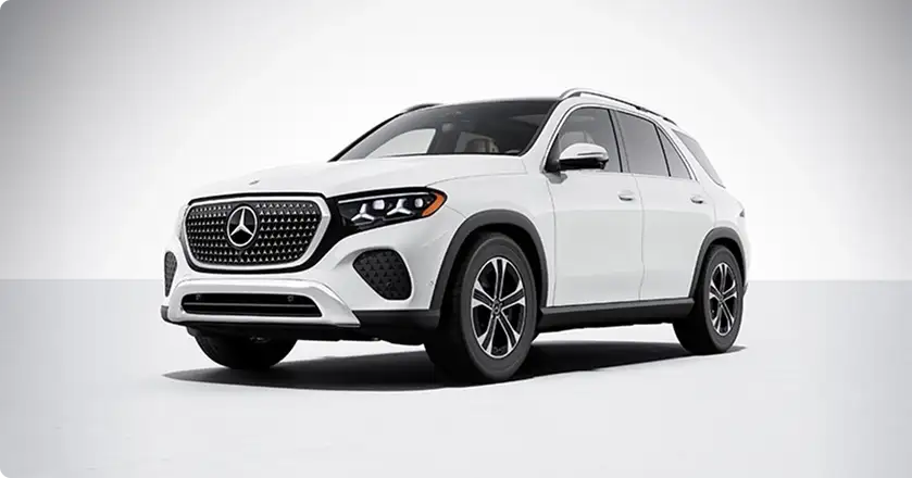 White Mercedes-Benz GLE SUV angled on a white studio floor