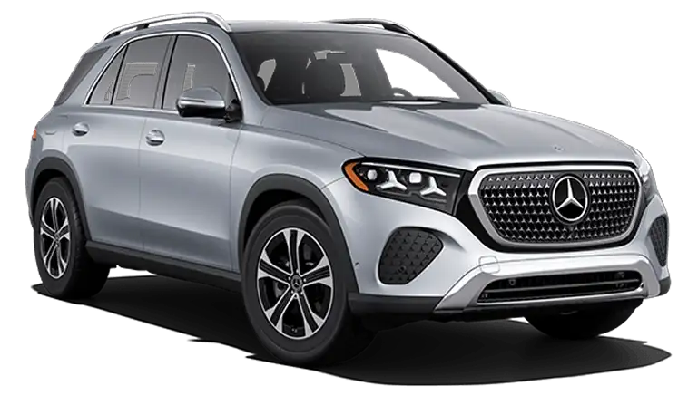 Silver Mercedes-Benz GLE 350 4MATIC SUV shown from a front three-quarter angle on white