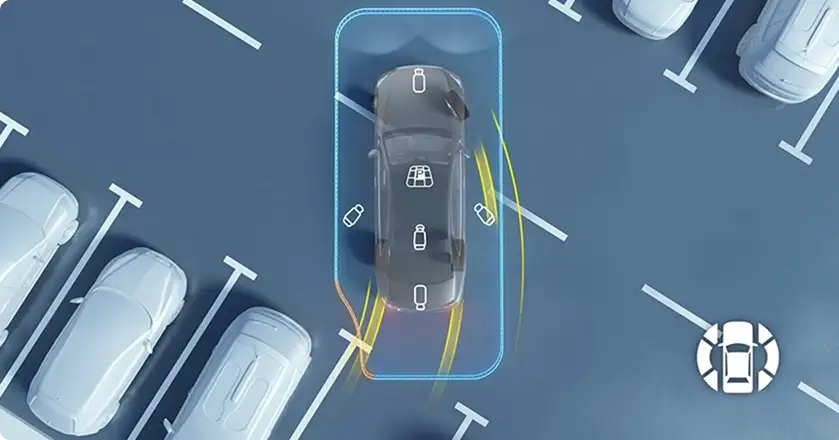 Illustration of the overhead 360-degree camera view guiding the SUV into a parking space