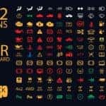 collection of car dashboard panel indicators, yellow red green blue indicators