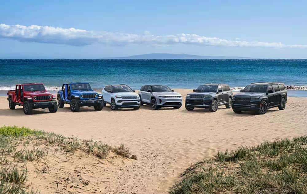 Jeep brand lineup on a beach 2025