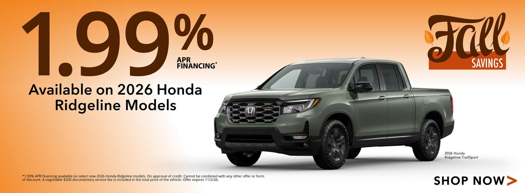 1.99% APR Financing on 2026 Honda Ridgeline Models