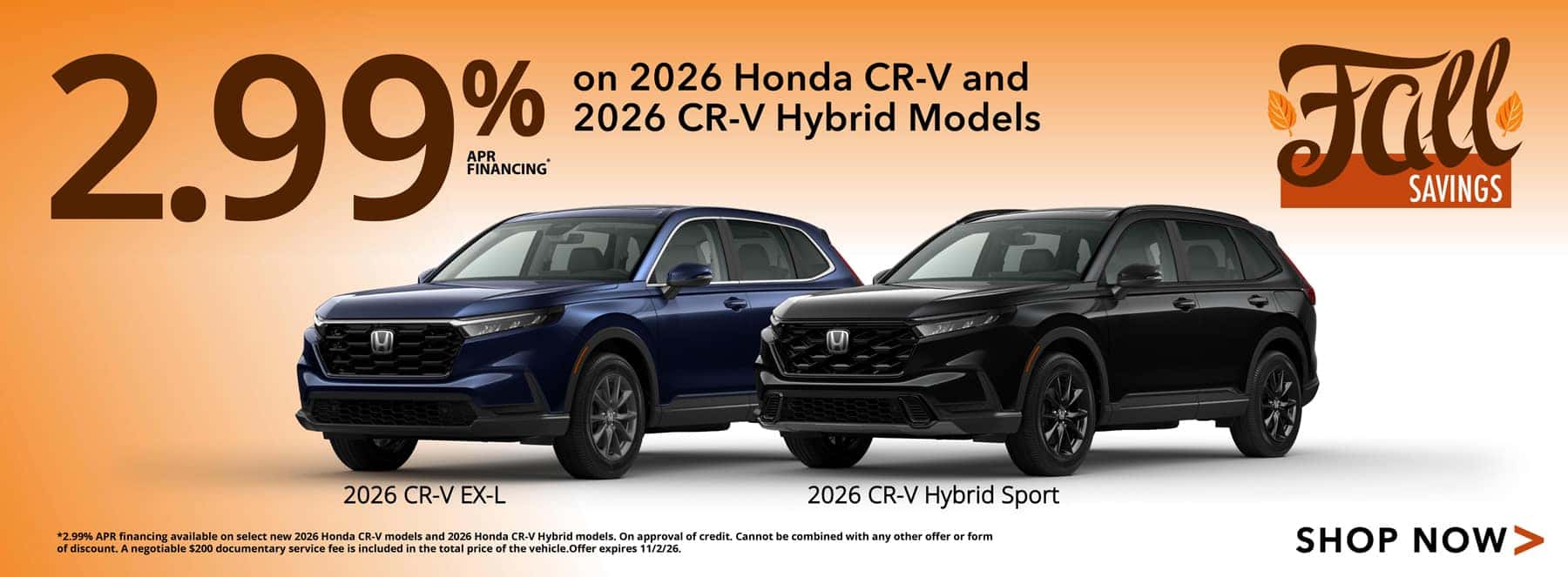 2.99% APR Financing on 2026 Honda CR-V and CR-V Hybrid models