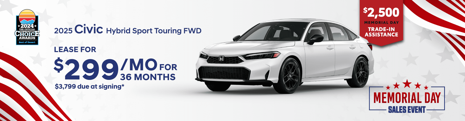 2025 Civic Hybrid Sport Touring FWD: Lease for $299 per month for 36 with $3,799 due at signing -