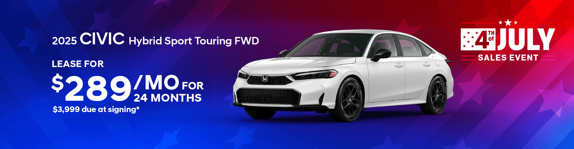 2025 Civic Hybrid Sport Touring FWD $289 per month lease 24 months $3,999 due at signing