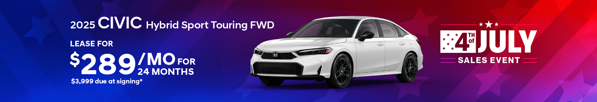 2025 Civic Hybrid Sport Touring FWD $289 per month lease 24 months $3,999 due at signing
