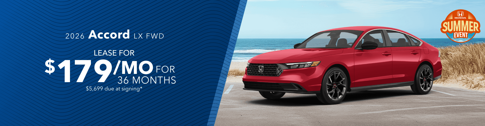 2026 Honda Accord LX FWD: Lease for $179/month for 36 months*