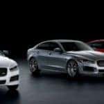 2019 Jaguar XE lineup with one silver one gray and one red sedan