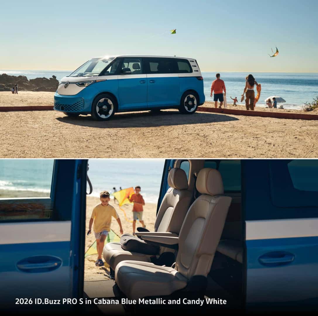 2026 ID.Buzz PRO S in Cabana Blue Metallic and Candy White parked on a beach