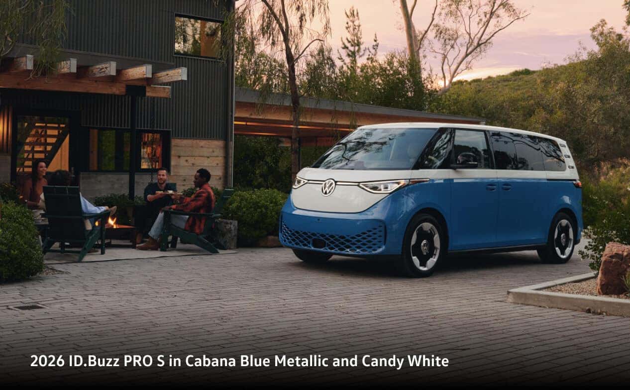 2026 ID.Buzz PRO S in Cabana Blue Metallic and Candy White parked in driveway