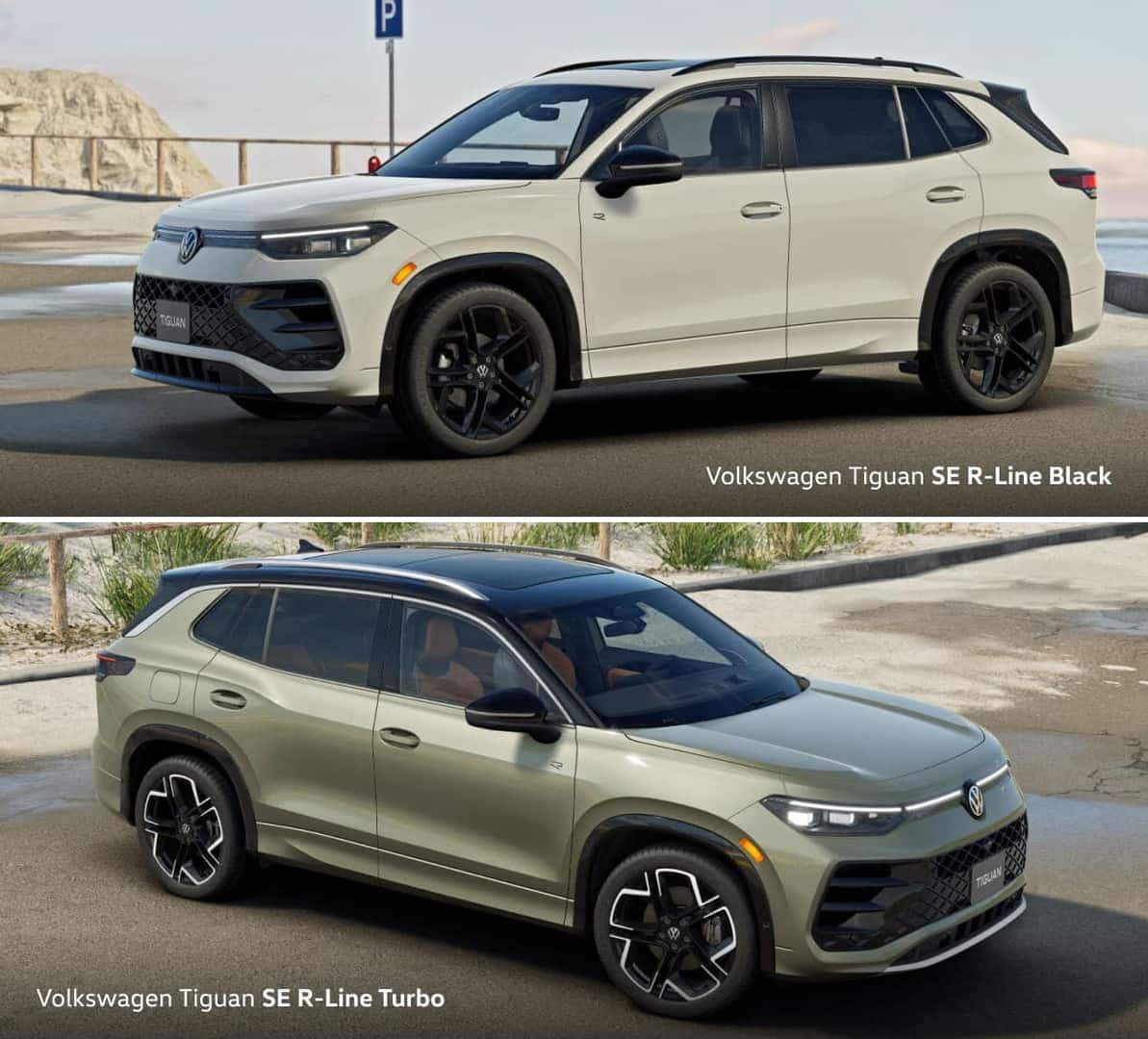 Two images show Volkswagen Tiguan models parked outdoors. The top car, in white, is labeled 