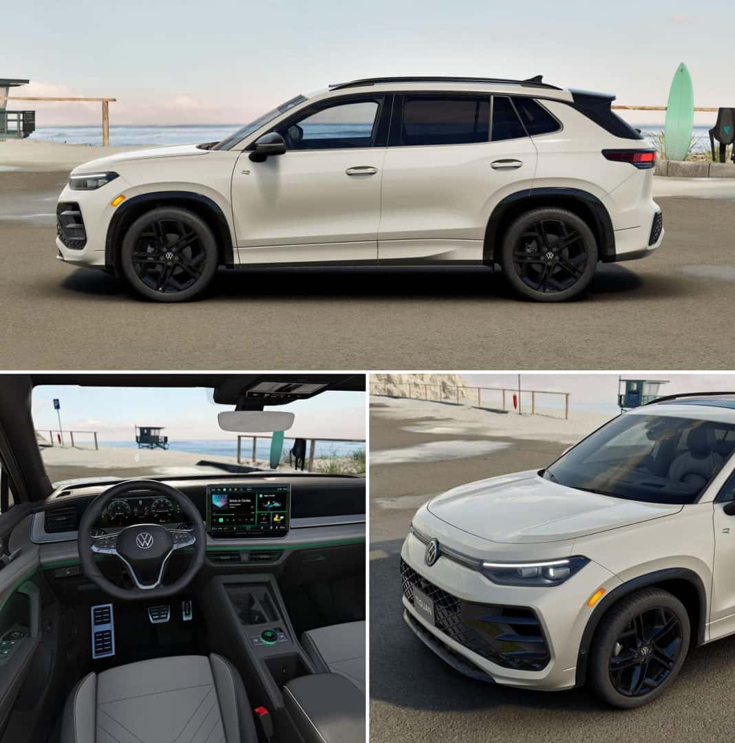 Three images of a white Volkswagen Tiguan SUV on a beach with modern design elements.