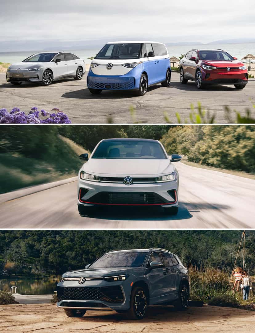 Lineup of 2026 VW Electric vehicles on a beach. A Jetta GTI speeding down a road. A Tiguan parked near tall grass.