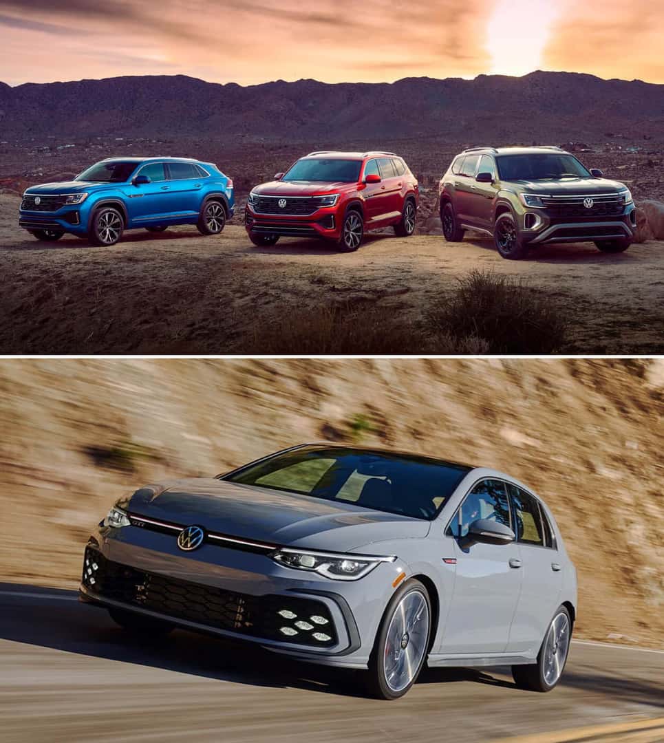 Lineup of 2024 VW Atlas colors on a ridgeside. A 2022 Golf GTI speeds down a mountain highway.