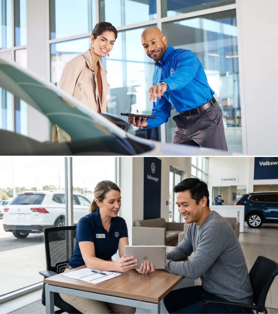 A VW Salesperson assists a customer outside a dealership. Another sits at a desk with a customer inside.