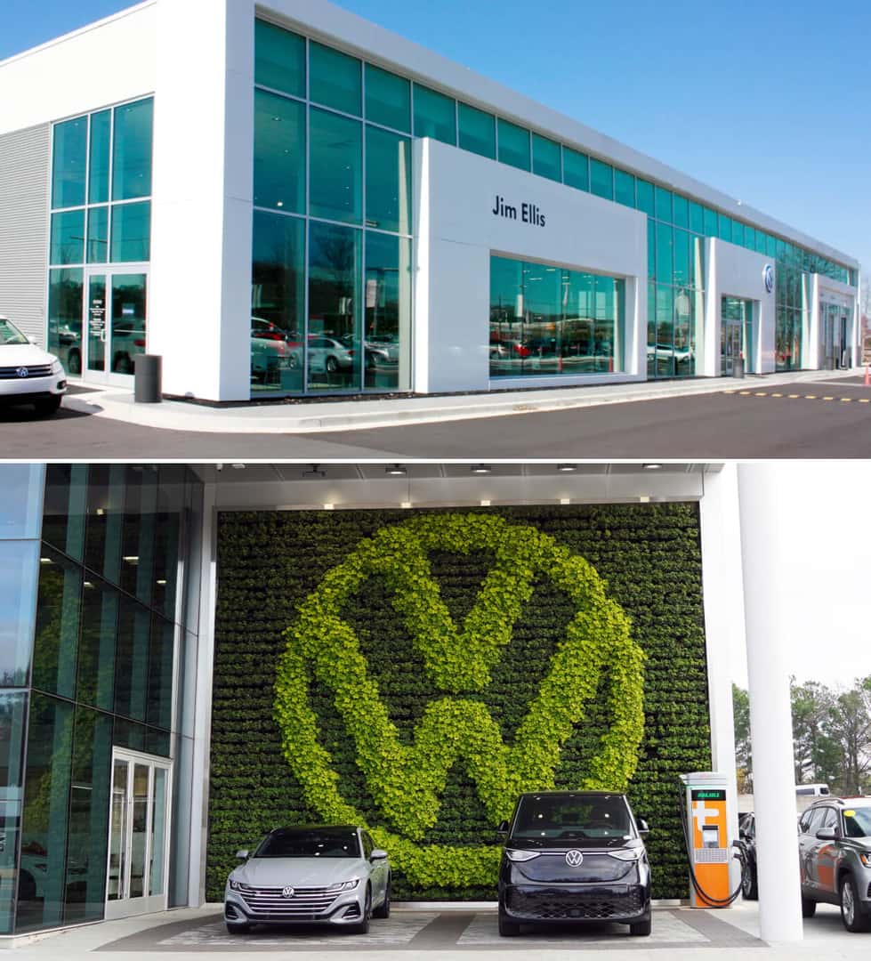 Exterior street view of Jim Ellis VW of Kennesaw dealership. A Live plant wall in the shape of the VW logo.