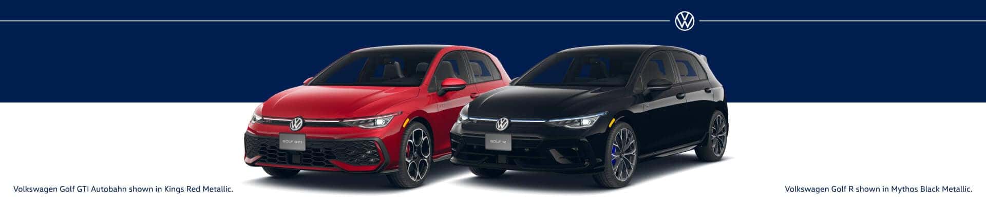 2026 Volkswagen Kings Red GTI Autobahn and 2026 Volkswagen Mythos Black Golf R parked together.