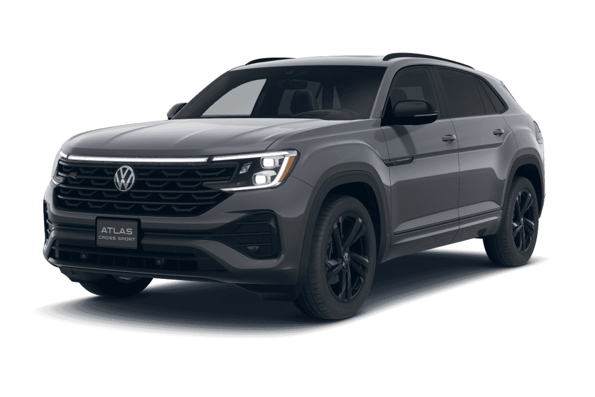2026 Volkswagen Atlas Cross Sport SEL R-Line Black in Pure Gray in three quarter angle.
