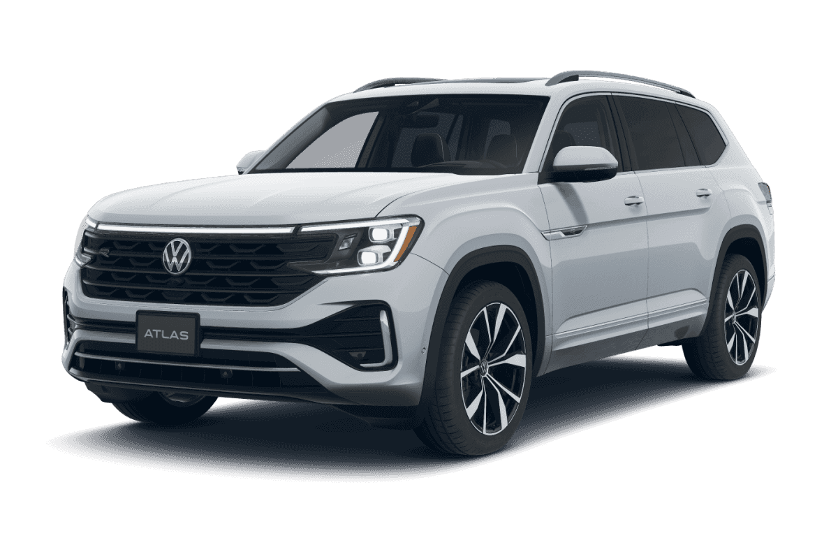 2026 Volkswagen Atlas SEL Premium R-Line in Silver Mist in three quarter angle.