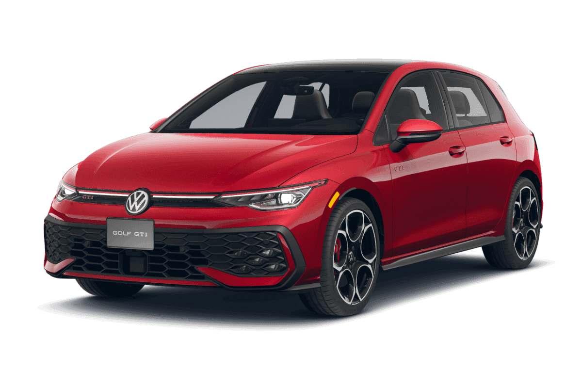 2026 Volkswagen Golf GTI Autobahn in Kings Red in three quarter angle.