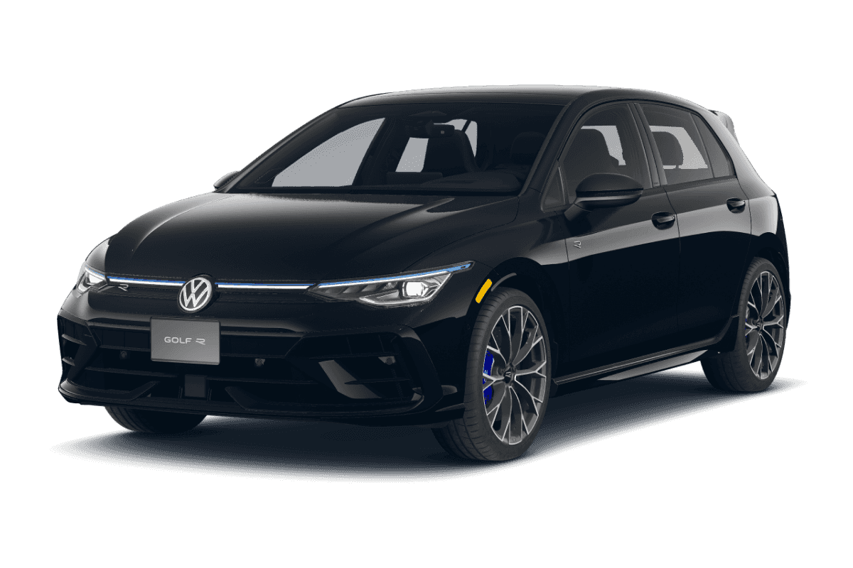 2026 Volkswagen Golf R in Mythos Black in three quarter angle.