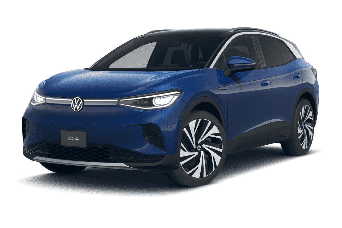 2026 Volkswagen ID.4 AWD Pro S Plus in Mountain Lake Blue in three quarter angle.
