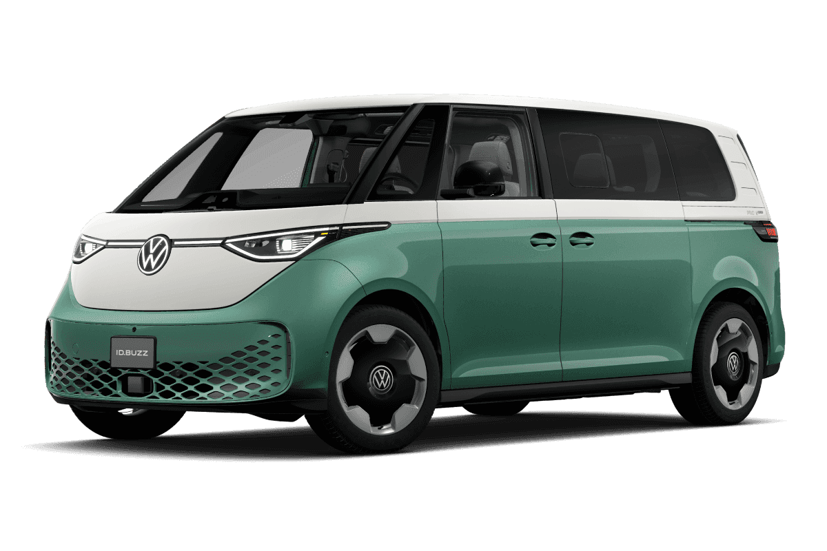 2027 Volkswagen ID.Buzz Pro S Plus in Mahi Green in three quarter angle.