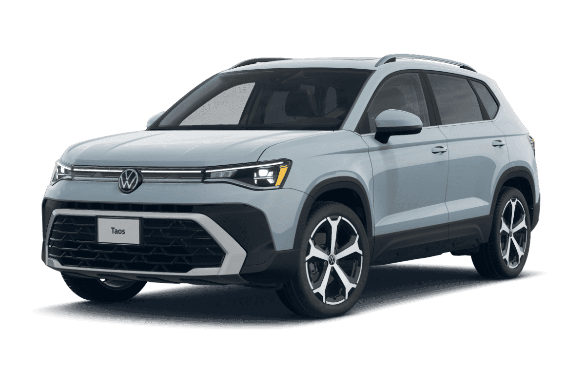 2026 Volkswagen Taos SEL in Monument Gray in three quarter angle.