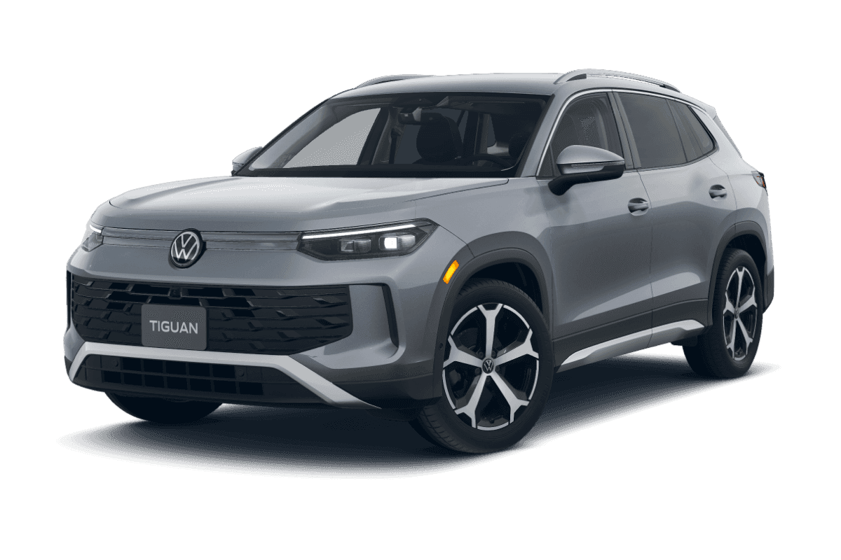 2026 Volkswagen Tiguan SE in Platinum Gray in three quarter angle.