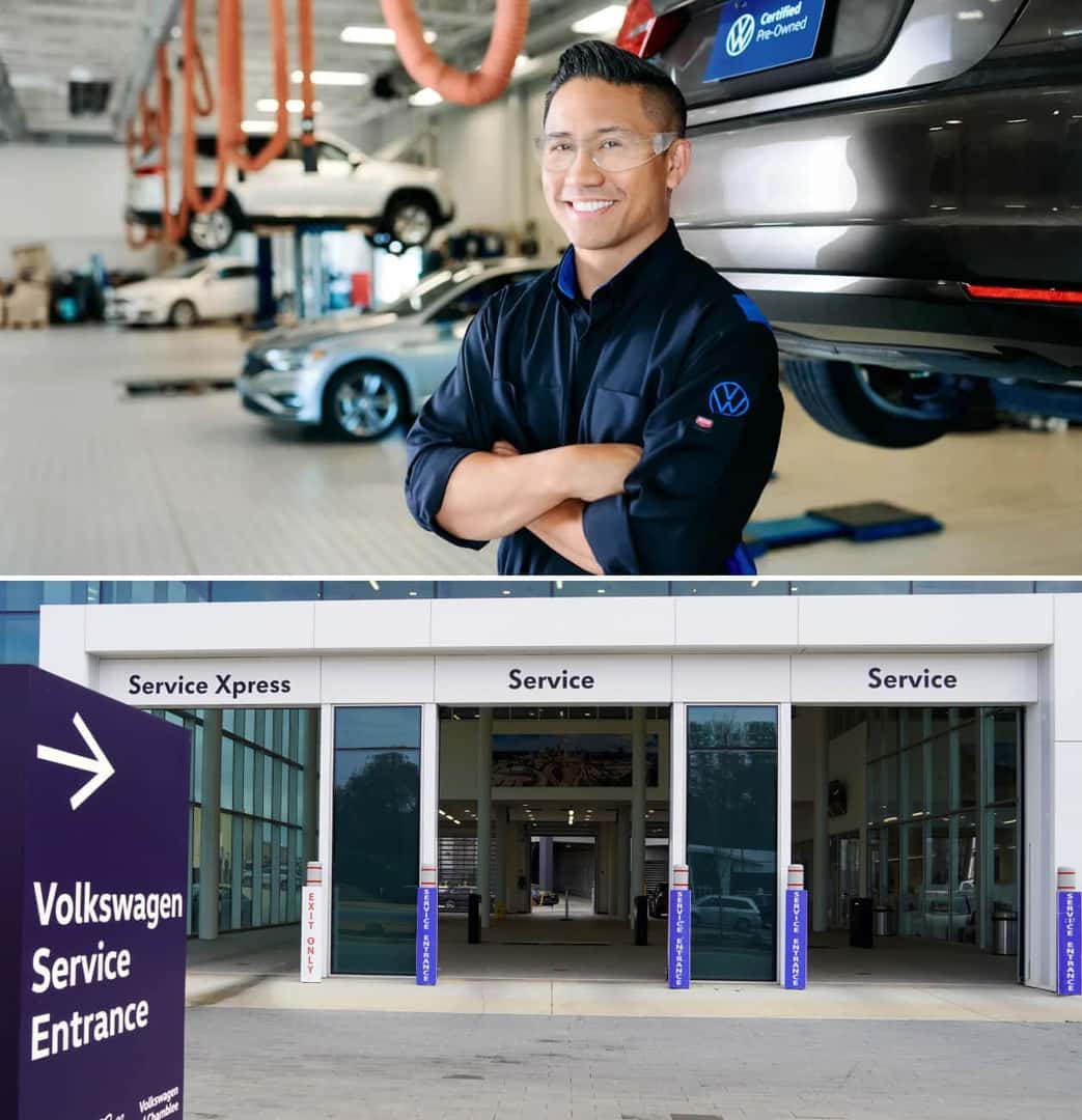 Exterior street view of Jim Ellis VW Service department. A VW Technician changing a car's oil.